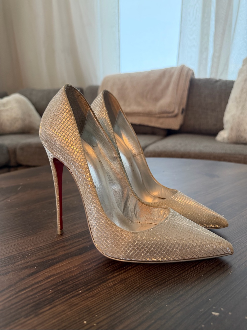 Christian Louboutin Metallic Gold Pointed Toe Stilettos with Red Soles